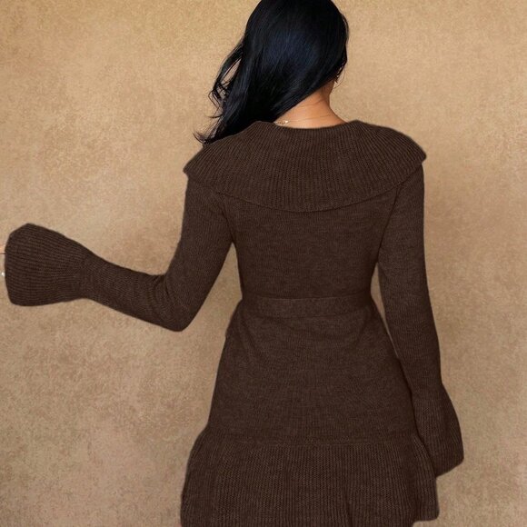 Coffee Brown Casual Women's Elegant Tie Front Cardigan - Picture 2 of 5